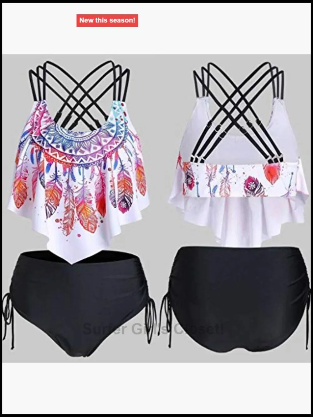 Women Feather Print Strappy Cinched Tankini Swimwear